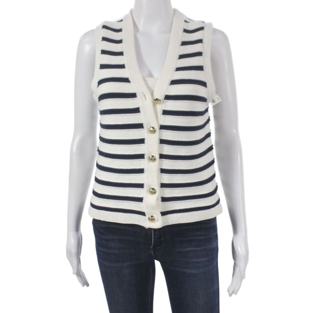 Design History Women's Cardigan Blue Striped V-Neck Sleeveless Size M
